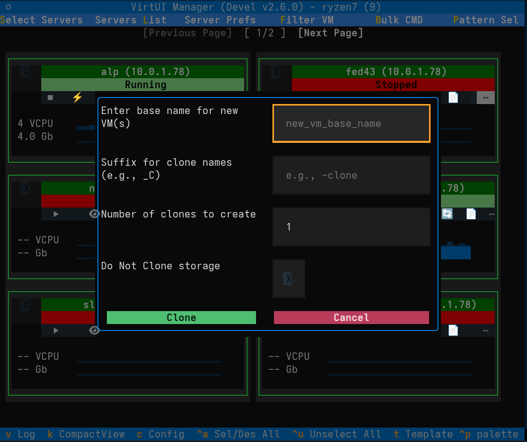 Advanced VM Cloning interface